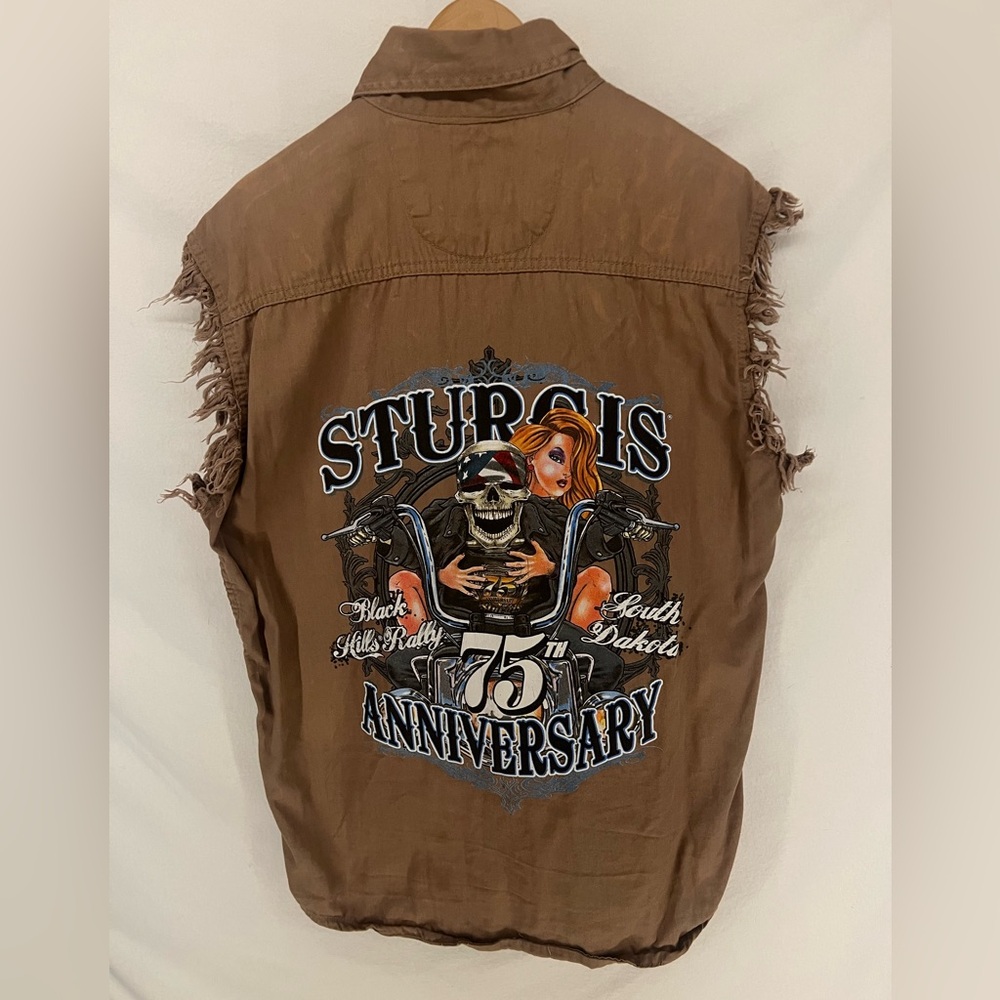 Sturgis 75th Anniversary Black Hills Rally Cut Of Sleeve Button Up Shirt Size M